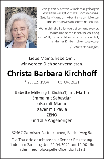 Traueranzeige von Christa Barbara Kirchhoff von Neue Osnabrücker Zeitung GmbH & Co. KG