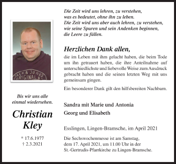 Traueranzeige von Christian Kley von Neue Osnabrücker Zeitung GmbH & Co. KG