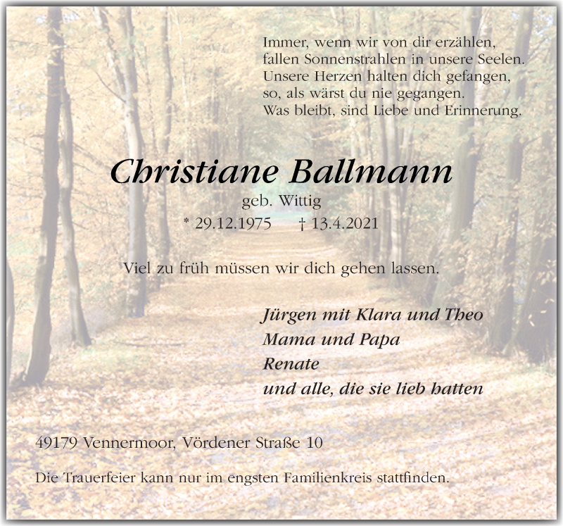  Traueranzeige für Christiane Ballmann vom 17.04.2021 aus Neue Osnabrücker Zeitung GmbH & Co. KG