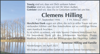 Traueranzeige von Clemens Hilling von Neue Osnabrücker Zeitung GmbH & Co. KG