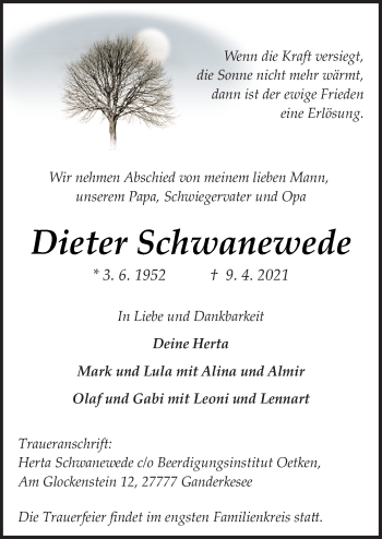 Traueranzeige von Dieter Schwanewede von Neue Osnabrücker Zeitung GmbH & Co. KG
