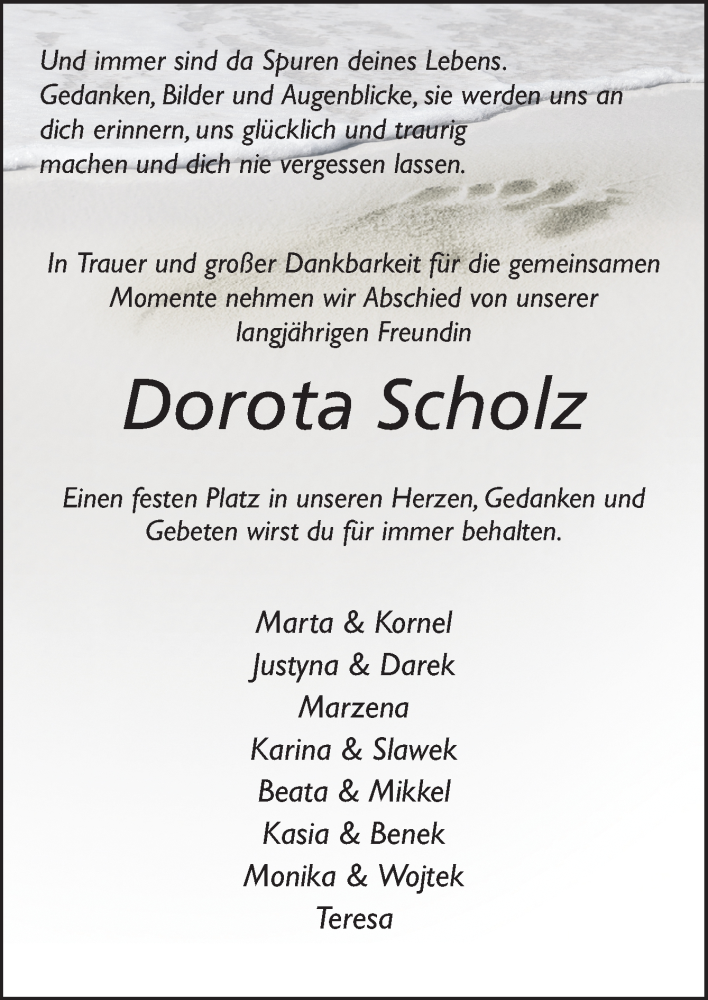  Traueranzeige für Dorota Scholz vom 10.04.2021 aus Neue Osnabrücker Zeitung GmbH & Co. KG