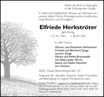 Traueranzeige von Elfriede Herkströter von Neue Osnabrücker Zeitung GmbH & Co. KG