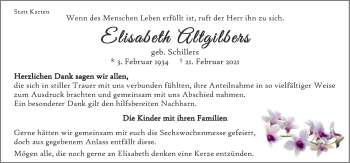 Traueranzeige von Elisabeth Altgilbers von Neue Osnabrücker Zeitung GmbH & Co. KG