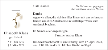 Traueranzeige von Elisabeth Klaas von Neue Osnabrücker Zeitung GmbH & Co. KG