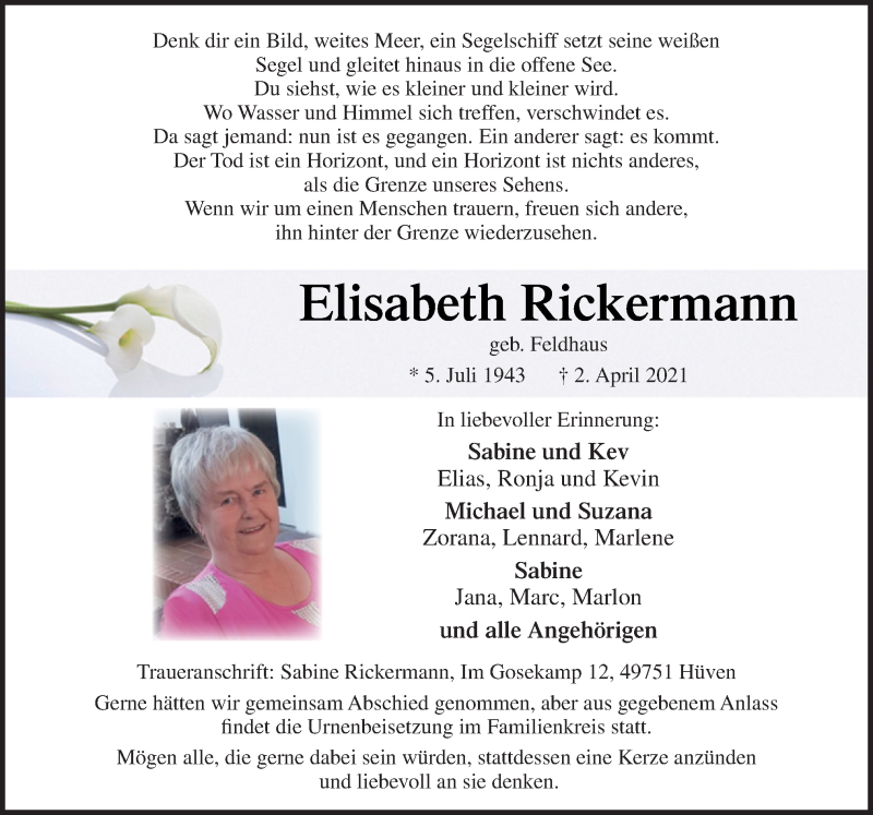  Traueranzeige für Elisabeth Rickermann vom 07.04.2021 aus Neue Osnabrücker Zeitung GmbH & Co. KG