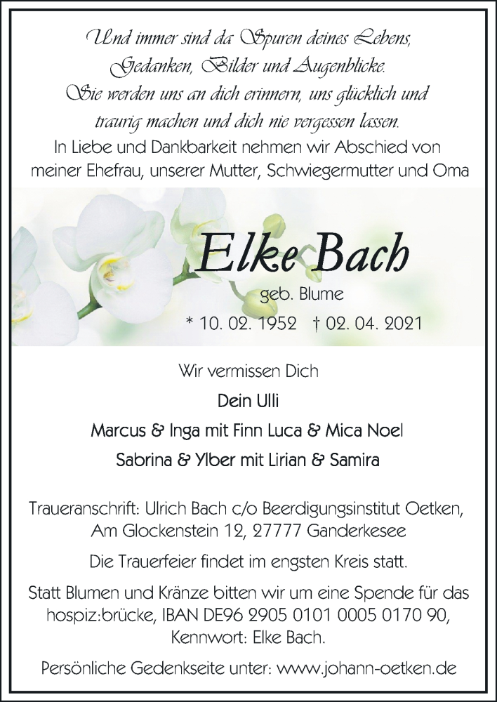 Traueranzeige für Elke Bach vom 07.04.2021 aus Neue Osnabrücker Zeitung GmbH & Co. KG