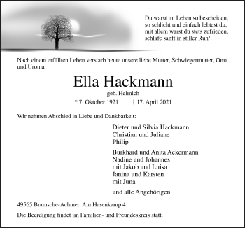 Traueranzeige von Ella Hackmann von Neue Osnabrücker Zeitung GmbH & Co. KG