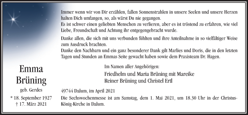  Traueranzeige für Emma Brüning vom 28.04.2021 aus Neue Osnabrücker Zeitung GmbH & Co. KG