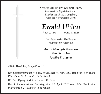 Traueranzeige von Ewald Uhlen von Neue Osnabrücker Zeitung GmbH & Co. KG