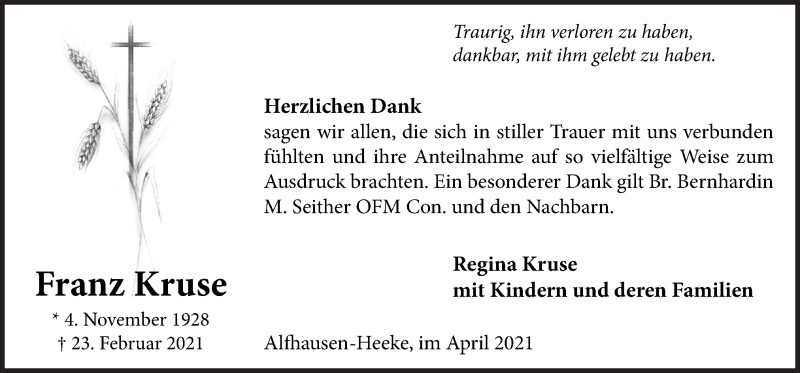  Traueranzeige für Franz Kruse vom 03.04.2021 aus Neue Osnabrücker Zeitung GmbH & Co. KG