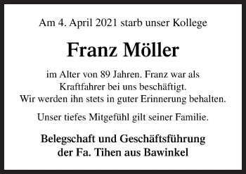 Traueranzeige von Franz Möller von Neue Osnabrücker Zeitung GmbH & Co. KG