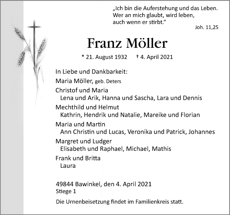  Traueranzeige für Franz Möller vom 08.04.2021 aus Neue Osnabrücker Zeitung GmbH & Co. KG