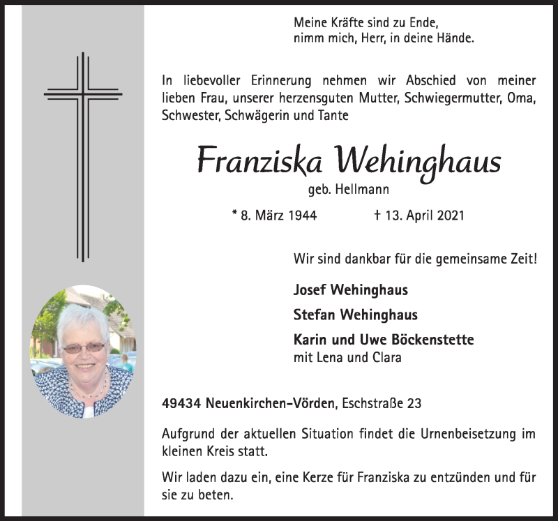  Traueranzeige für Franziska Wehinghaus vom 16.04.2021 aus Neue Osnabrücker Zeitung GmbH & Co. KG