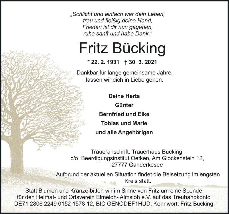  Traueranzeige für Fritz Bücking vom 03.04.2021 aus Neue Osnabrücker Zeitung GmbH & Co. KG
