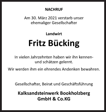 Traueranzeige von Fritz Bücking von Neue Osnabrücker Zeitung GmbH & Co. KG
