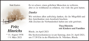 Traueranzeige von Fritz Hinrichs von Neue Osnabrücker Zeitung GmbH & Co. KG