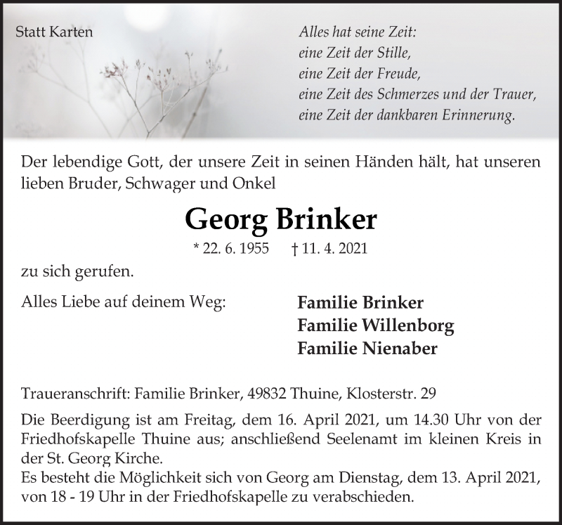  Traueranzeige für Georg Brinker vom 13.04.2021 aus Neue Osnabrücker Zeitung GmbH & Co. KG