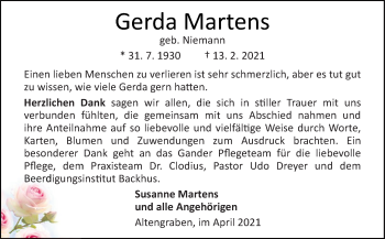 Traueranzeige von Gerda Martens von Neue Osnabrücker Zeitung GmbH & Co. KG