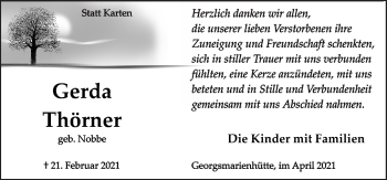 Traueranzeige von Gerda Thörner von Neue Osnabrücker Zeitung GmbH & Co. KG