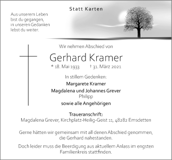 Traueranzeige von Gerhard Kramer von Neue Osnabrücker Zeitung GmbH & Co. KG