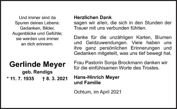 Traueranzeige von Gerlinde Meyer von Neue Osnabrücker Zeitung GmbH & Co. KG