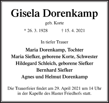 Traueranzeige von Gisela Dorenkamp von Neue Osnabrücker Zeitung GmbH & Co. KG