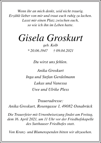 Traueranzeige von Gisela Groskurt von Neue Osnabrücker Zeitung GmbH & Co. KG