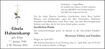Traueranzeige von Gisela Hahnenkamp von Neue Osnabrücker Zeitung GmbH & Co. KG