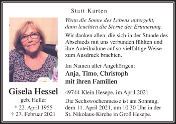 Traueranzeige von Gisela Hessel von Neue Osnabrücker Zeitung GmbH & Co. KG