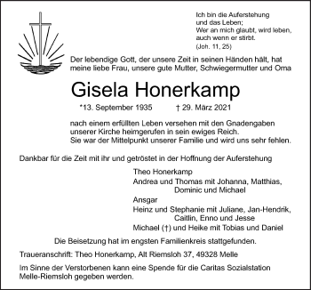 Traueranzeige von Gisela Honerkamp von Neue Osnabrücker Zeitung GmbH & Co. KG