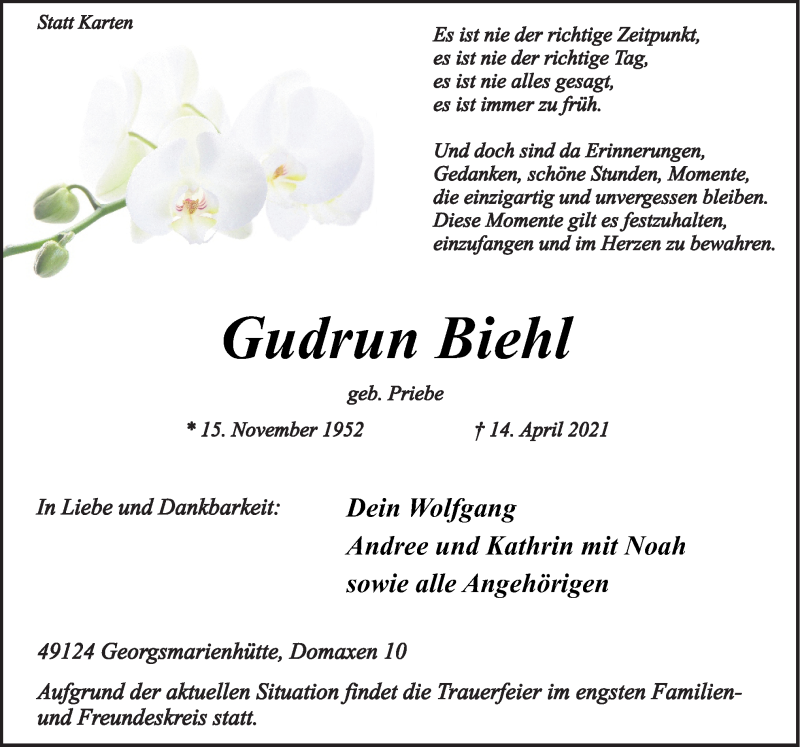 Traueranzeige für Gudrun Biehl vom 24.04.2021 aus Neue Osnabrücker Zeitung GmbH & Co. KG
