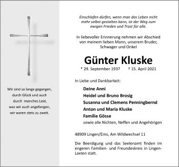 Traueranzeige von Günter kluske von Neue Osnabrücker Zeitung GmbH & Co. KG