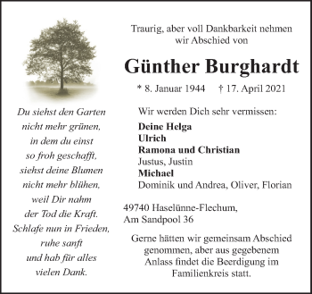 Traueranzeige von Günther Burghardt von Neue Osnabrücker Zeitung GmbH & Co. KG