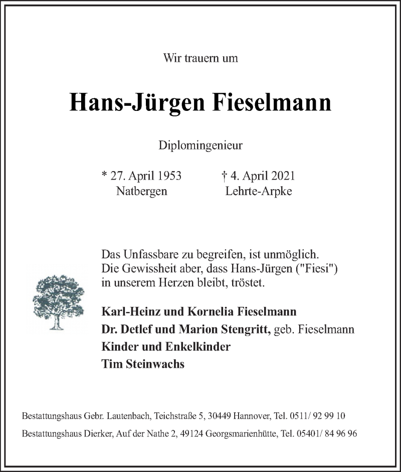  Traueranzeige für Hans-Jürgen Fieselmann vom 10.04.2021 aus Neue Osnabrücker Zeitung GmbH & Co. KG