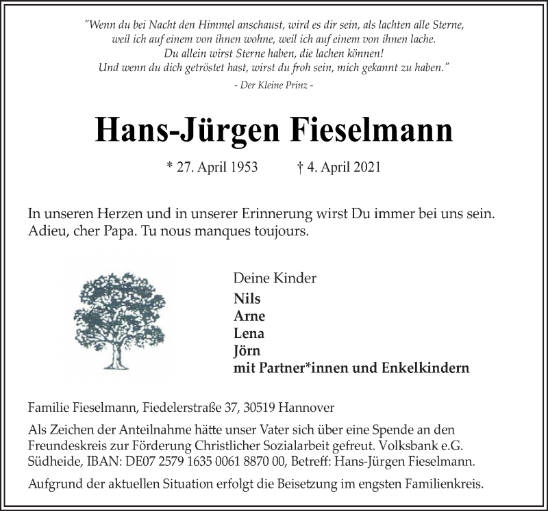  Traueranzeige für Hans-Jürgen Fieselmann vom 10.04.2021 aus Neue Osnabrücker Zeitung GmbH & Co. KG