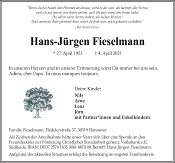 Traueranzeige von Hans-Jürgen Fieselmann von Neue Osnabrücker Zeitung GmbH & Co. KG