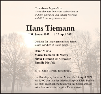 Traueranzeige von Hans Tiemann von Neue Osnabrücker Zeitung GmbH & Co. KG