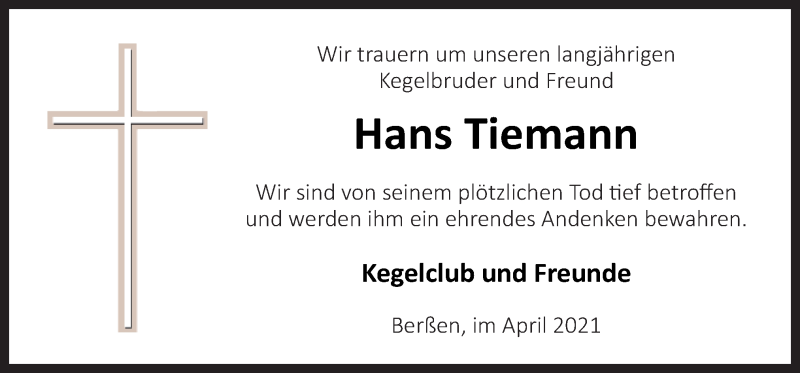  Traueranzeige für Hans Tiemann vom 28.04.2021 aus Neue Osnabrücker Zeitung GmbH & Co. KG