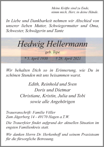 Traueranzeige von Hedwig Hellermann von Neue Osnabrücker Zeitung GmbH & Co. KG