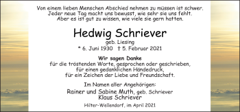 Traueranzeige von Hedwig Schriever von Neue Osnabrücker Zeitung GmbH & Co. KG