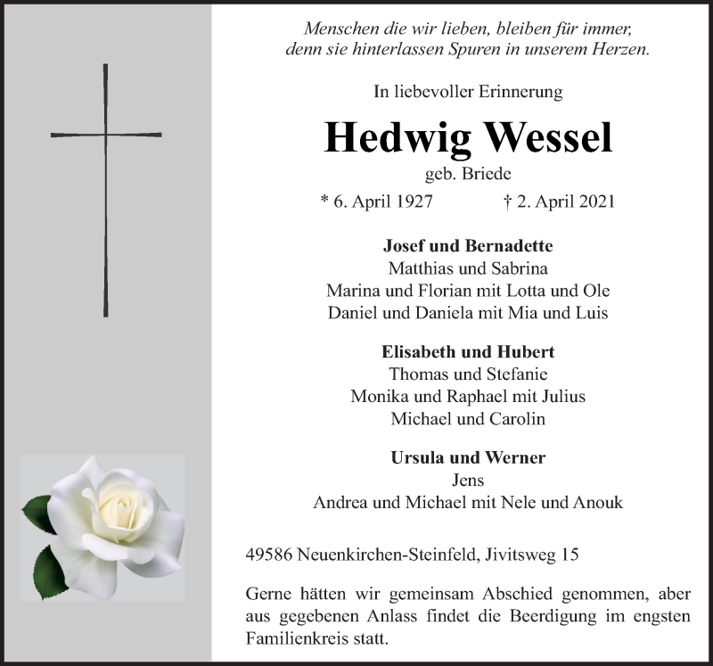  Traueranzeige für Hedwig Wessel vom 06.04.2021 aus Neue Osnabrücker Zeitung GmbH & Co. KG