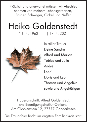 Traueranzeige von Heiko Goldenstedt von Neue Osnabrücker Zeitung GmbH & Co. KG