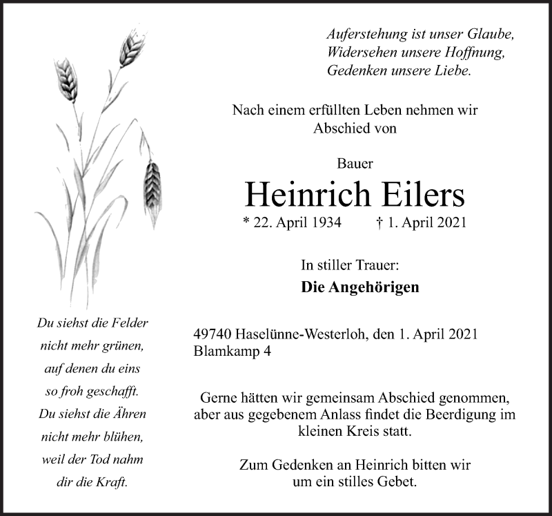  Traueranzeige für Heinrich Eilers vom 03.04.2021 aus Neue Osnabrücker Zeitung GmbH & Co. KG