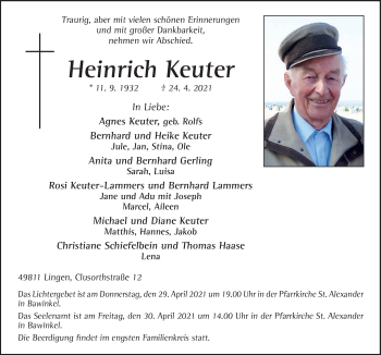 Traueranzeige von Heinrich Keuter von Neue Osnabrücker Zeitung GmbH & Co. KG