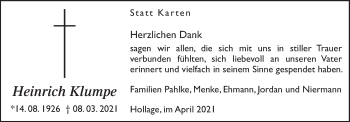 Traueranzeige von Heinrich Klumpe von Neue Osnabrücker Zeitung GmbH & Co. KG