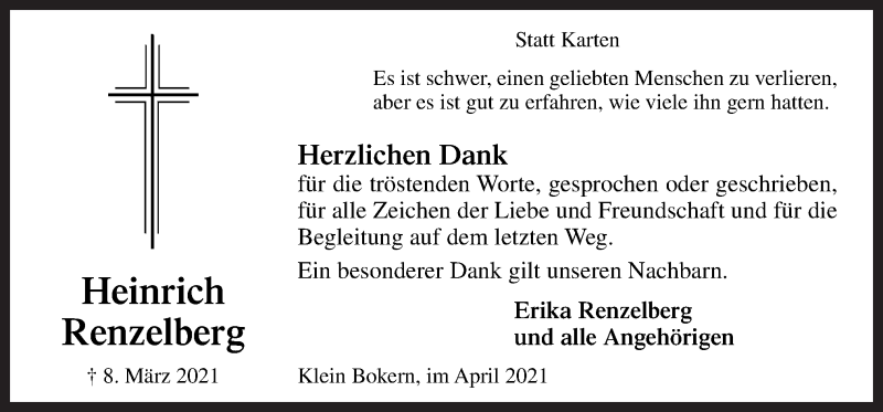  Traueranzeige für Heinrich Renzelberg vom 28.04.2021 aus Neue Osnabrücker Zeitung GmbH & Co. KG