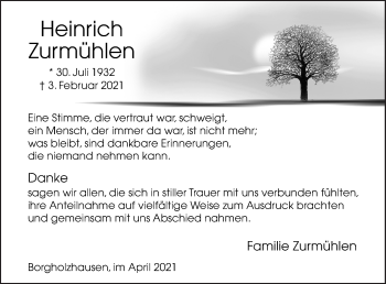 Traueranzeige von Heinrich Zurmühlen von Neue Osnabrücker Zeitung GmbH & Co. KG