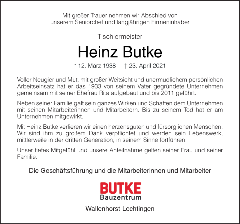  Traueranzeige für Heinz Butke vom 30.04.2021 aus Neue Osnabrücker Zeitung GmbH & Co. KG