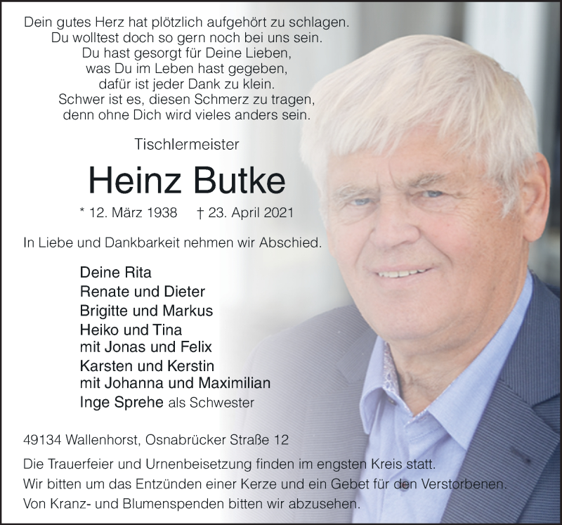  Traueranzeige für Heinz Butke vom 30.04.2021 aus Neue Osnabrücker Zeitung GmbH & Co. KG